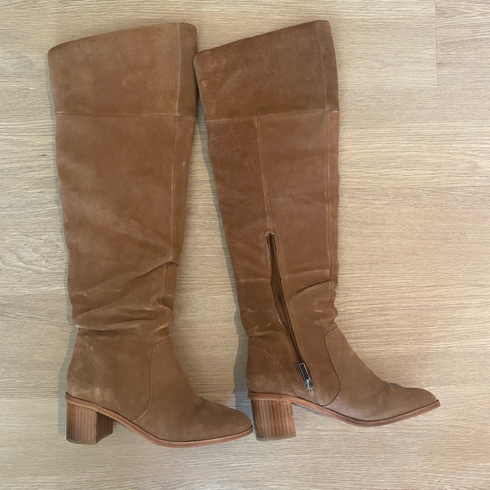 French Connection “Clementina” Tan Suede Heeled Knee Boots